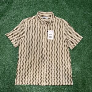 Bershka Crochet Knit Button Up Shirt Brown Cream Mens Size S NWT